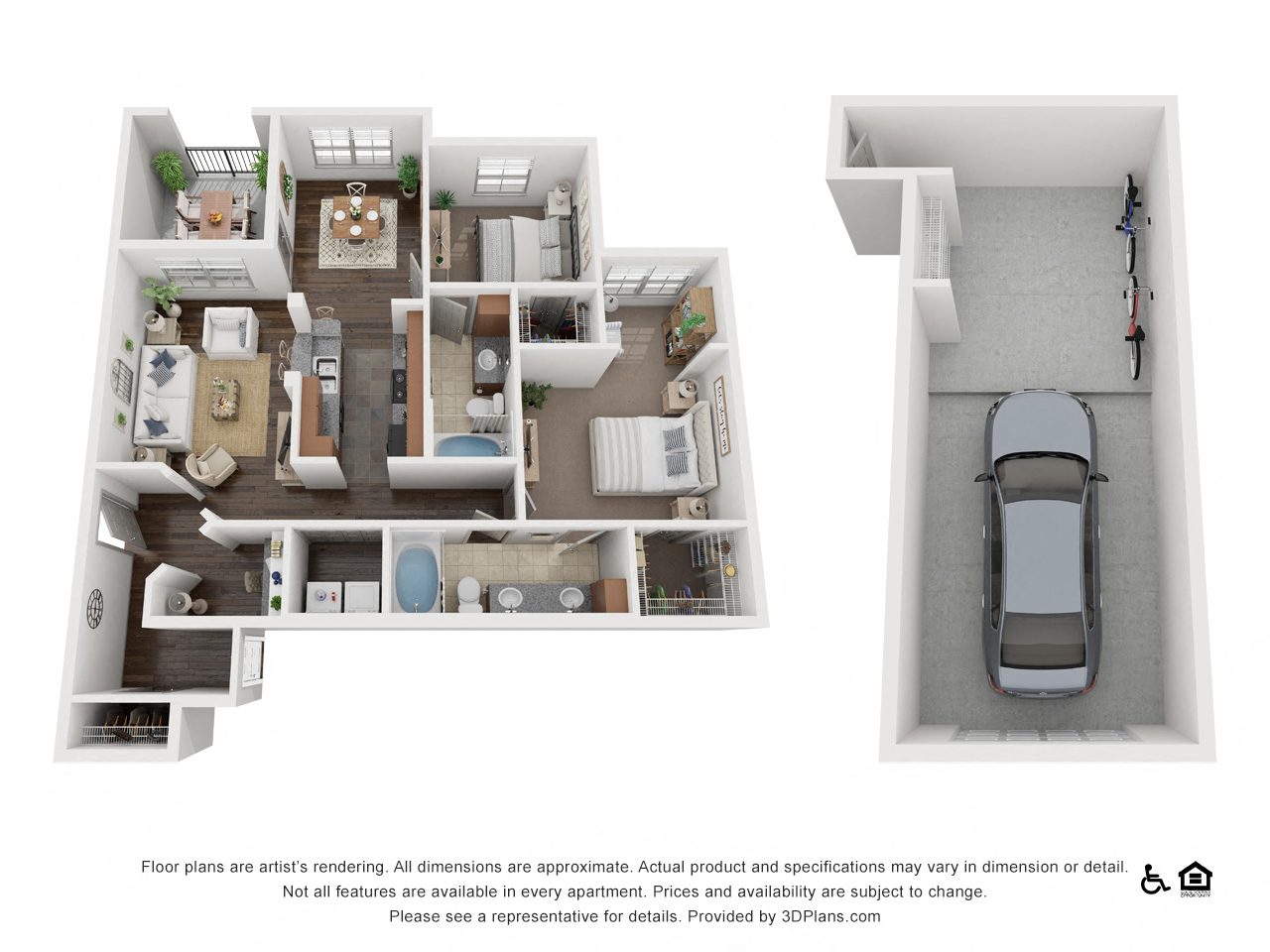 Floor plan for 2 beds, 2 baths, 1231 sqft